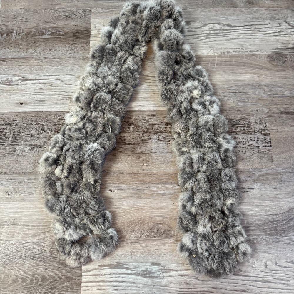 Genuine Fur Pom Pom Scarf Gray Mob Wife Après Ski Snow Bunny Luxury Winter 55"